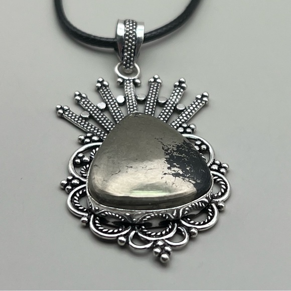 New Apache Pyrite Silver Overlay Pendant Necklace w Cord - Picture 5 of 5